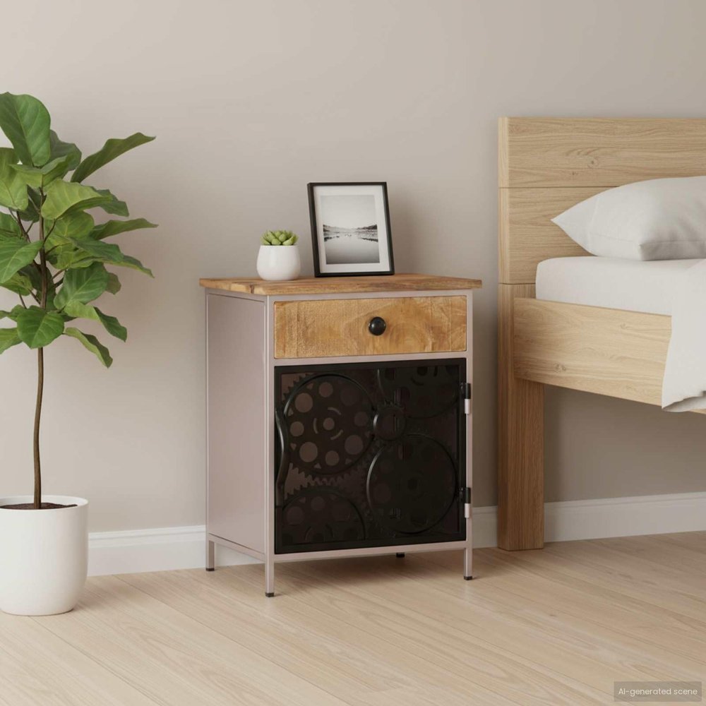 HGFDCBK Industrial Style Bedside Cabinet with Bicycle Chain Wheel Design, Rough Mango Wood and Silver Iron Frame, Versatile Indoor Cabinet for Bedroom Living Room or Office