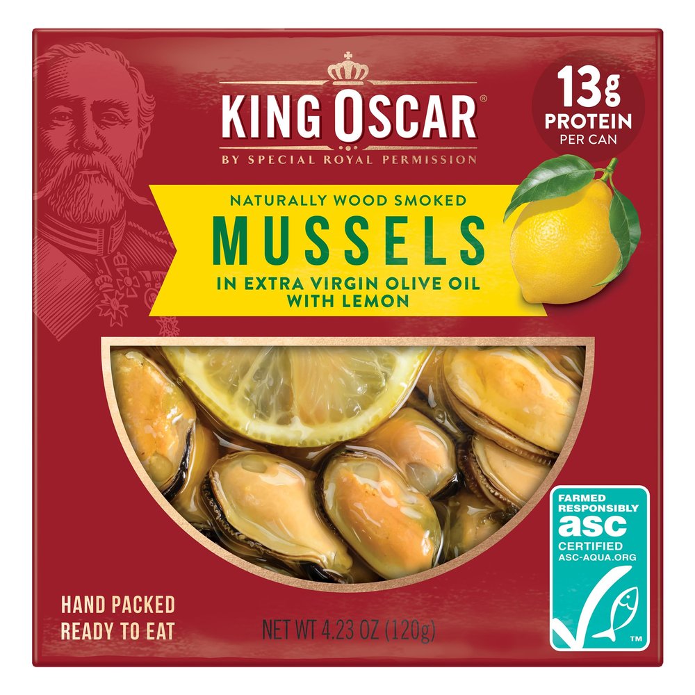 King Oscar Naturally Smoked Mussels in Extra Virgin Olive Oil with Lemon, 4.23 oz (Pack of 12) ASC Certified, Tinned Mussels 13g Protein, Hand Packed, No Artificial Preservatives, Ready to Eat