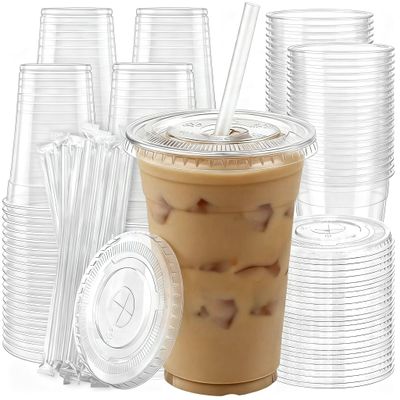 100 Pack 16 oz Plastic Cups with Lids and Straws, Clear Disposable Plastic Cups, Heavy Duty Iced Coffee Cups with Leak-Resistant Lids, Cold Drink Cups for Smoothies, Juice, Soda & Party To Go