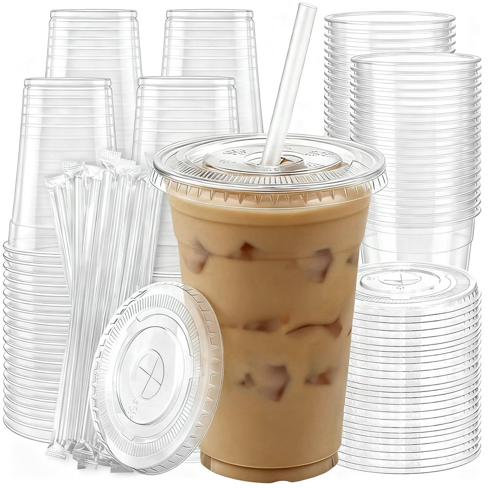 100 Pack 16 oz Plastic Cups with Lids and Straws, Clear Disposable Plastic Cups, Heavy Duty Iced Coffee Cups with Leak-Resistant Lids, Cold Drink Cups for Smoothies, Juice, Soda & Party To Go