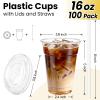 100 Pack 16 oz Plastic Cups with Lids and Straws, Clear Disposable Plastic Cups, Heavy Duty Iced Coffee Cups with Leak-Resistant Lids, Cold Drink Cups for Smoothies, Juice, Soda & Party To Go view 2
