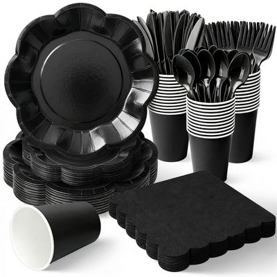 Vyntra Black Scalloped Paper Plates Set, 350 Pcs Disposable Party Plates, Elegant Fancy Paper Dinnerware for Weddings, Birthdays, Halloween & Events