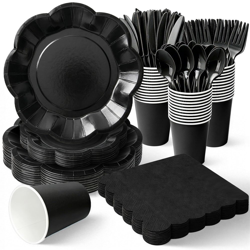 Vyntra Black Scalloped Paper Plates Set, 350 Pcs Disposable Party Plates, Elegant Fancy Paper Dinnerware for Weddings, Birthdays, Halloween & Events