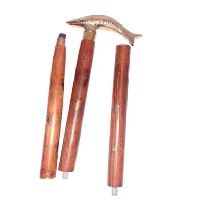 Decorative Fish Handle Walking Stick, Wooden Cane with Metal Top, Vintage Style Walking Aid, Detachable Shaft, Brown Finish