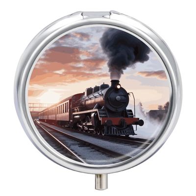 Steam Train Depart Sunset Pill Organizer,3 Compartments Medicine Organizer Small Pill Box Metal Portable Medicine Box Travel Pill Container Holder Medication Holder Round Pill Case