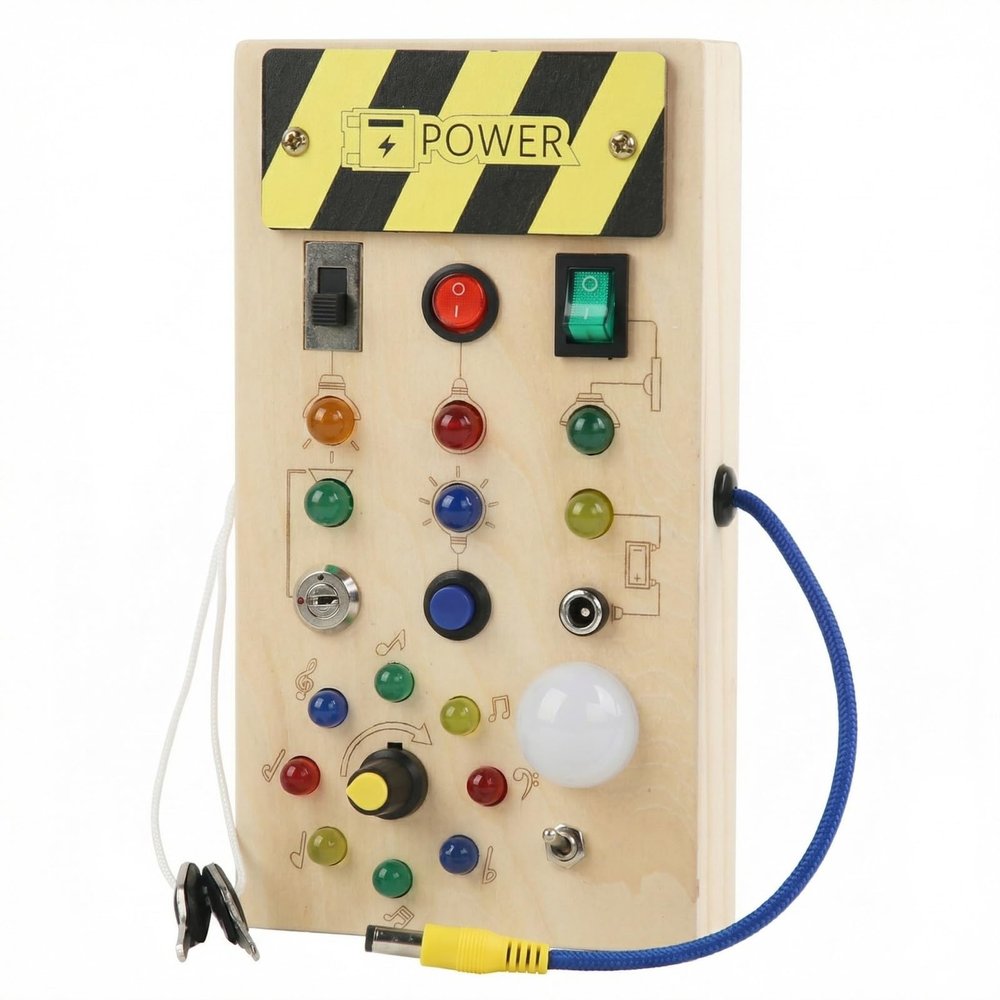 Activity Board for Seniors with Dementia 6-in-1 Wooden Sensory Panel with Toggle Switches, Lights, Rotating Knob, Metal Lock, Buttons, Audio Jack for Alzheimers, Occupational Therapy