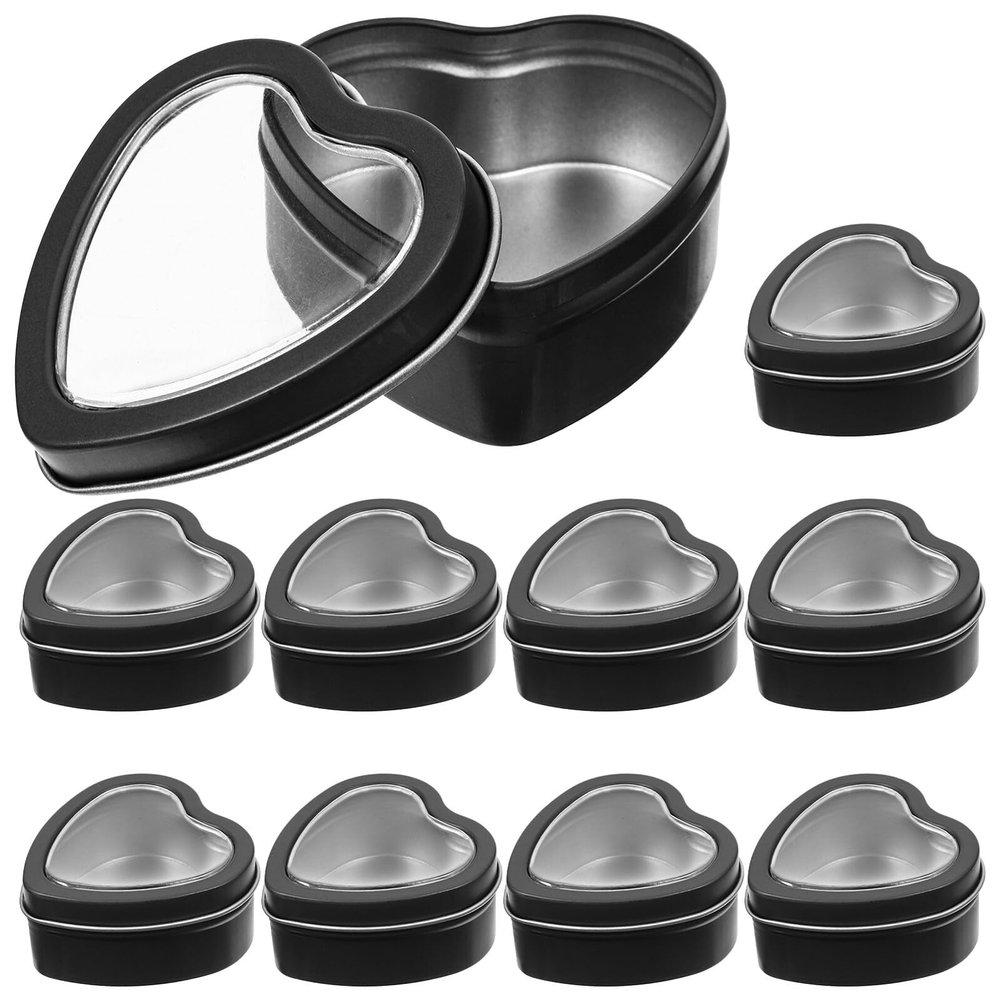 VINTORKY 10pcs Heart-shaped Candy Boxes Black Tin with Window 60x59x27mm for Wedding Party Favors Valentines Day Chocolate Packaging Containers