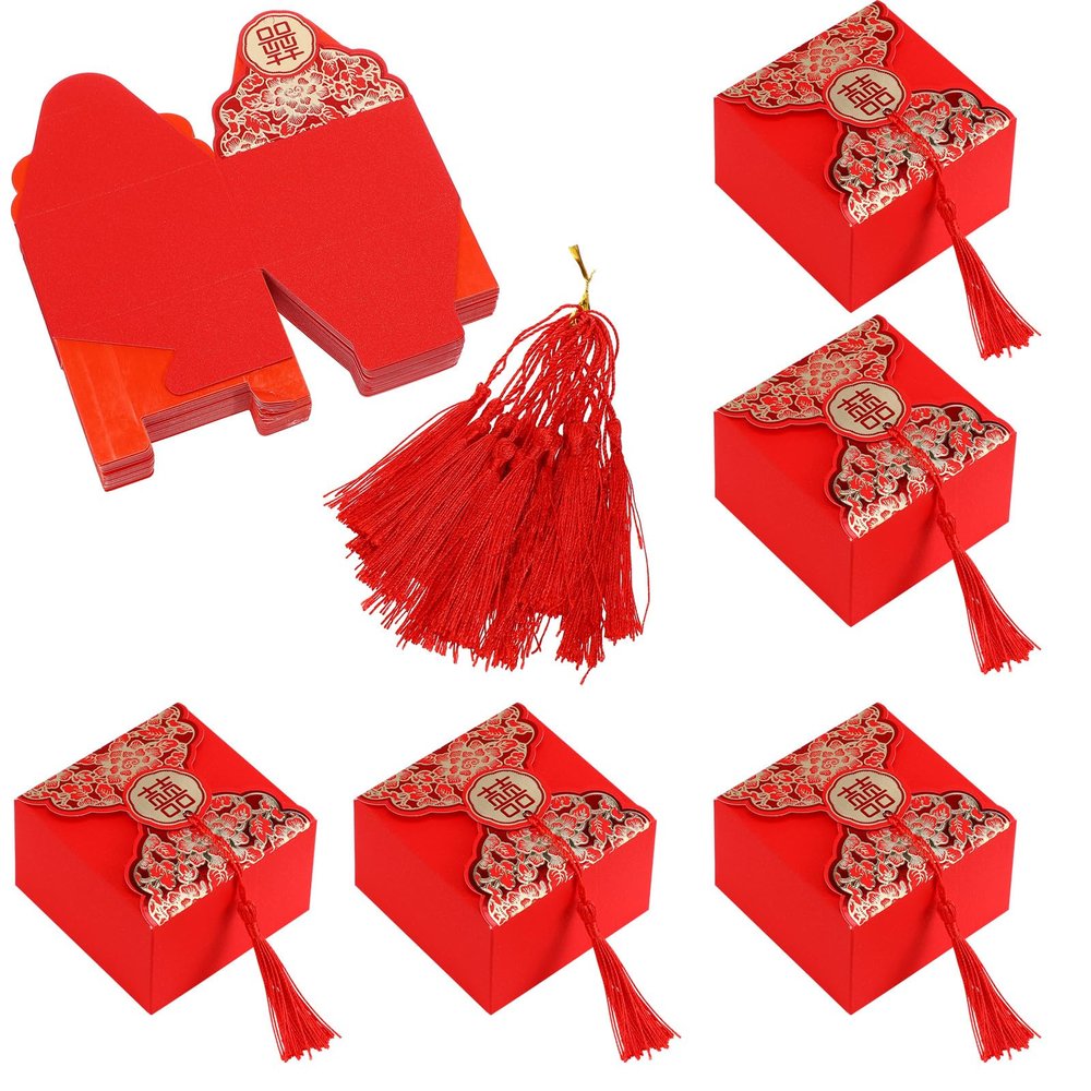 VILLFUL Chinese Style Wedding Candy Boxes Party Favor Boxes with Red Tassel 20pcs Paper Packaging for Chinese Banquet Wedding Celebration