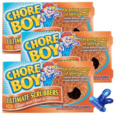 Chore Boy Heavy Duty Copper Scrubber for Pots and Pans 2 pk Dish Scrub Pad & Cast Iron Cleaner Scouring Pads Steel Wool Alternative 3 Pack with Bag Clips