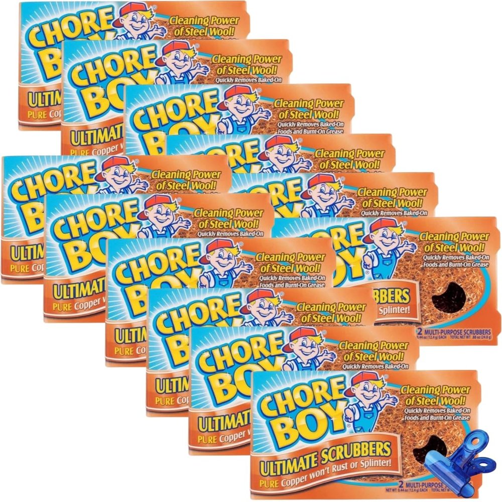Chore Boy Heavy Duty Copper Scrubber for Pots and Pans 2 pk Dish Scrub Pad & Cast Iron Cleaner Scouring Pads Steel Wool Alternative 12 Pack with Random item 13 items