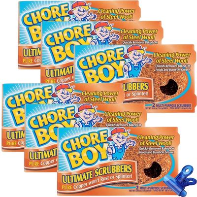 Chore Boy Heavy Duty Copper Scrubber for Pots and Pans 2 pk Dish Scrub Pad & Cast Iron Cleaner Scouring Pads Steel Wool Alternative 6 Pack with Bag Clips
