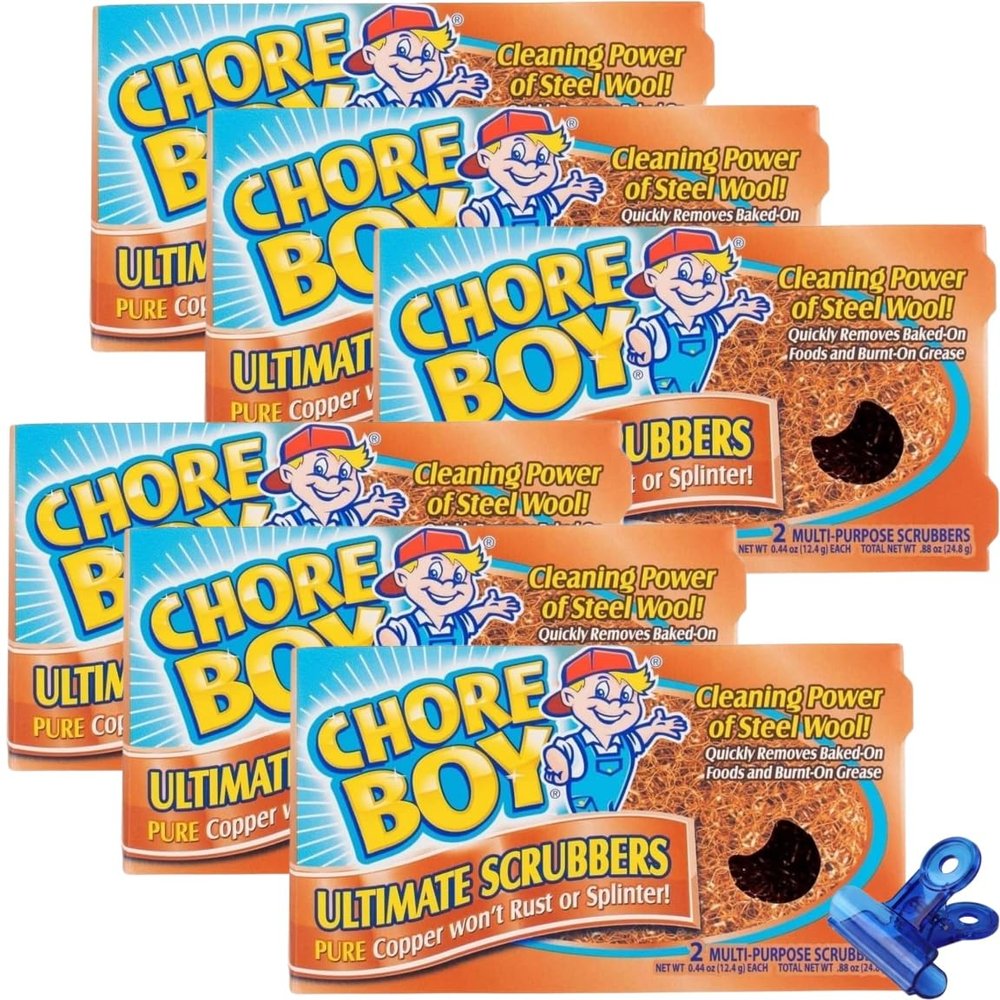 Chore Boy Heavy Duty Copper Scrubber for Pots and Pans 2 pk Dish Scrub Pad & Cast Iron Cleaner Scouring Pads Steel Wool Alternative 6 Pack with Bag Clips