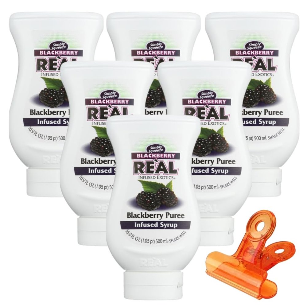 Blackberry Real Infused Exotics Syrup 16.9 fl oz Bottle Drinks and Desserts Puree Fruit and Blackberries with Food Bag Clips Pack of 6