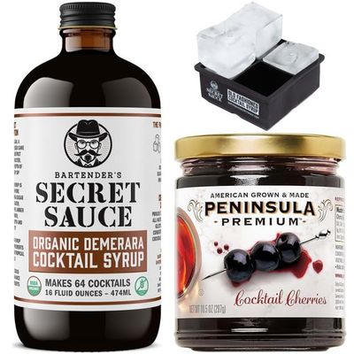 Bartenders Secret Sauce USDA Organic Demerara Syrup Rich Cocktail Syrup (16oz Bottle) Includes Cocktail Cherries (10.5oz), Ice Mold & Pump Handcrafted, Gluten-Free Perfect for Old Fashioneds, Tiki, Coffee & Desserts