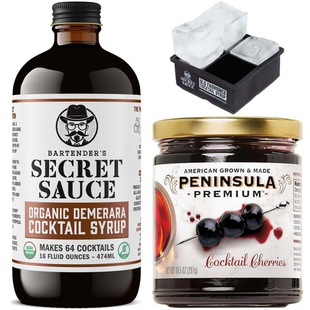 Bartenders Secret Sauce USDA Organic Demerara Syrup Rich Cocktail Syrup (16oz Bottle) Includes Cocktail Cherries (10.5oz), Ice Mold & Pump Handcrafted, Gluten-Free Perfect for Old Fashioneds, Tiki, Coffee & Desserts