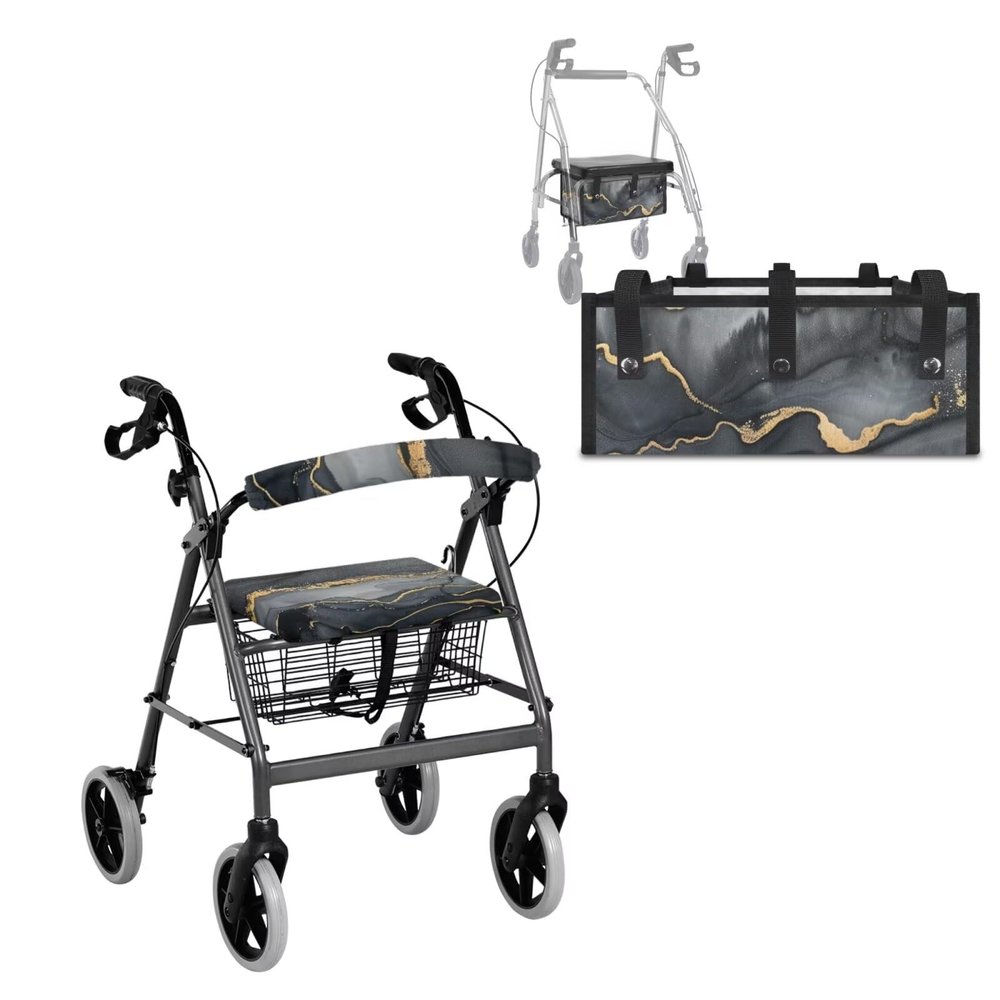 Maiyoinou Marble Walker Seat Cover for Women Sprits Rollator Seat &Back Rest Covers for Seniors in Assisted Living Gray Gold Storage Bags for Rollator Walkers 3 Pieces