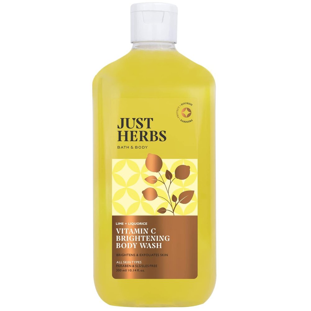 J.u.s.t. H.e.r.b.s. Vitamin C Brightening Body Wash with Lime and Liquorice, Brightens and Exfoliates, All Skin Types, 10.14 fl. oz.