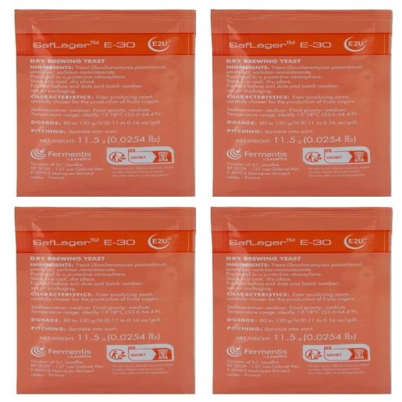 4PK E-30 LAGER YEAST For Fruity Aromatic Lagers With Full Pheonolics Safale Dry Ale Yeast 11.5g Sachets