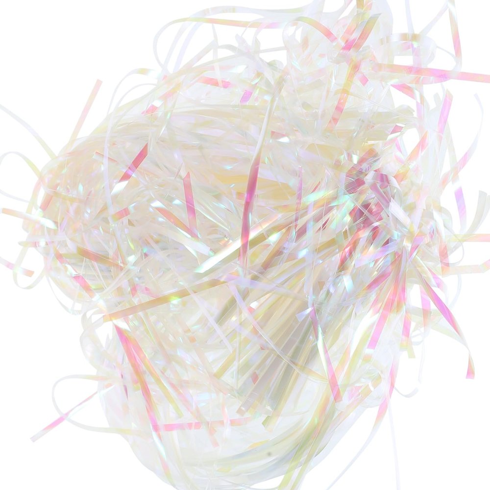 Adorainbow Iridescent 3mm Crinkle Cut Shredded Basket Filler, 100g Pack White Plastic Paper Stuffing for Boxes, Packaging, Easter and Holiday Decoration Supplies