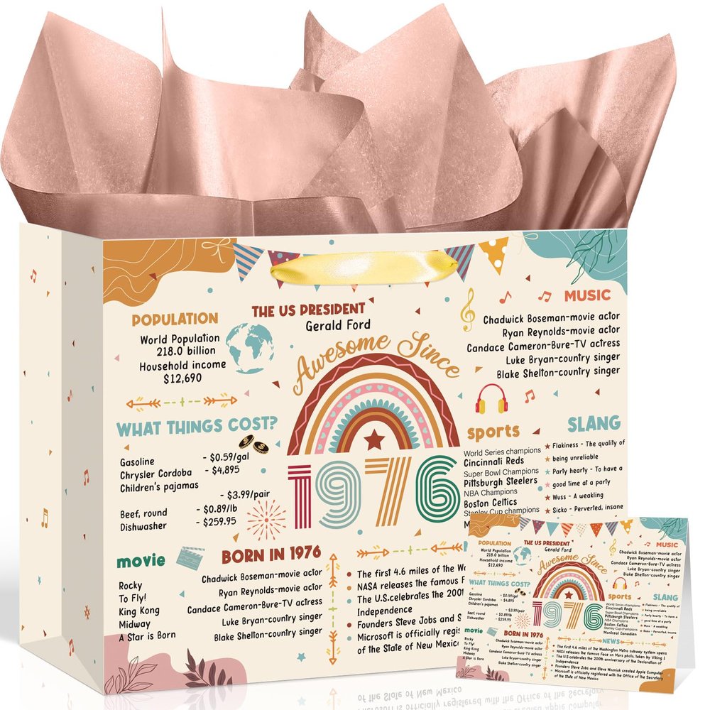 Peconal 50th Birthday Gift Bag Boho Rainbow Back in 1976 Gifts Bag with Greeting Card 50th Birthday Wrapping Paper Bags for Women Man Fifty 50 Year Old Bday Party Favors Supplies (Rainbow 1976)