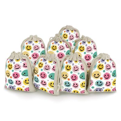 VTCTOASY Pastel Color Happy Face 8 Pcs Burlap Gift Bags with Drawstring Reusable Wrapping Bags for Birthday Party Favors