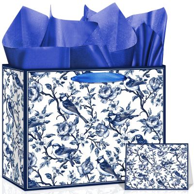 Neptniopllab Vintage Chinoiserie Bird Paper Gift Bag with Card & Wrapping Papers,Floral Bluebird Decorative Gift Bag for Hummingbird's Day Birthday Party Baby Shower Guest Present