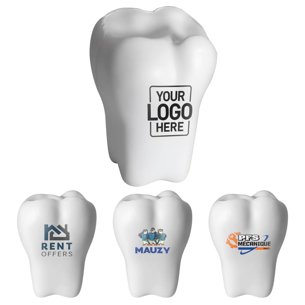 100 Pack Custom Tooth Stress Reliever Bulk Personalized PU Foam Dental Promo Item with Full Color Logo for Clinics, Trade Shows & Office Use, 2.95 x 2.2 in