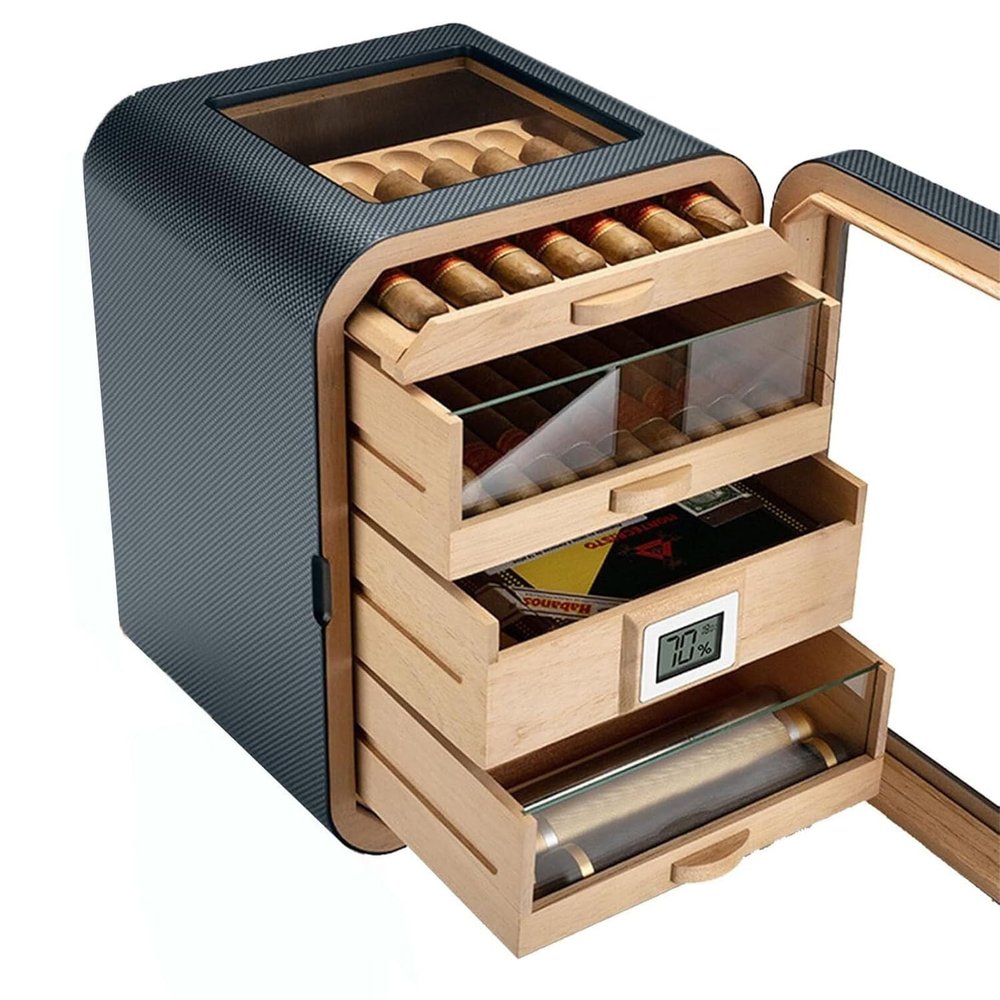 Cedar Wood Cigar Humidor Cabinet with Digital Hygrometer, Silent Temperature Control & Sunroof, Ideal for Cigar Storage & Preservation (3-Drawer)