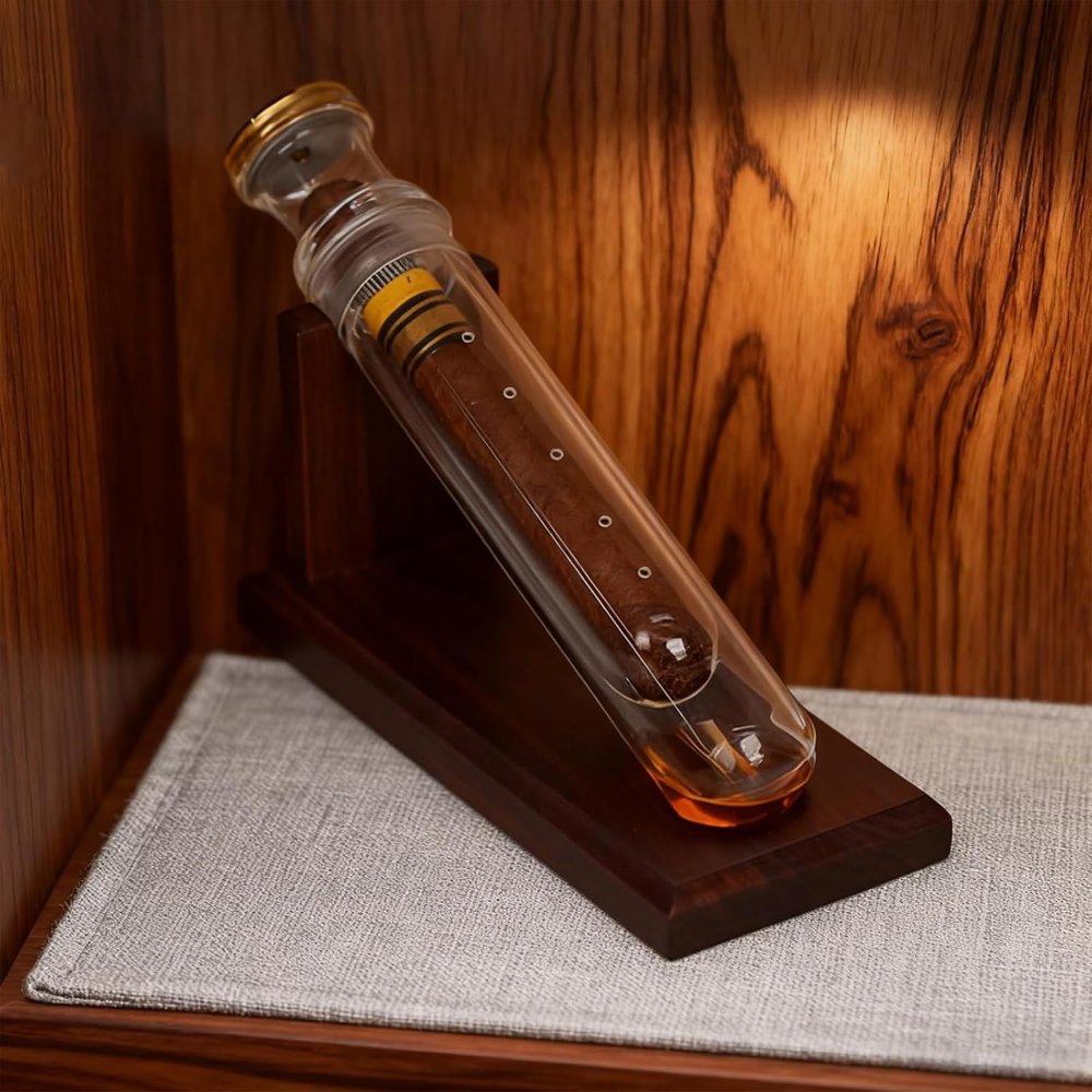 AFLEPCBRQ Cigar Aromatherapy Glass Tubes, Humidors Aromatherapy Conservation Glass Tubes with Base,Natural Black Walnut,for Travel Storage, Precise Humidity Control
