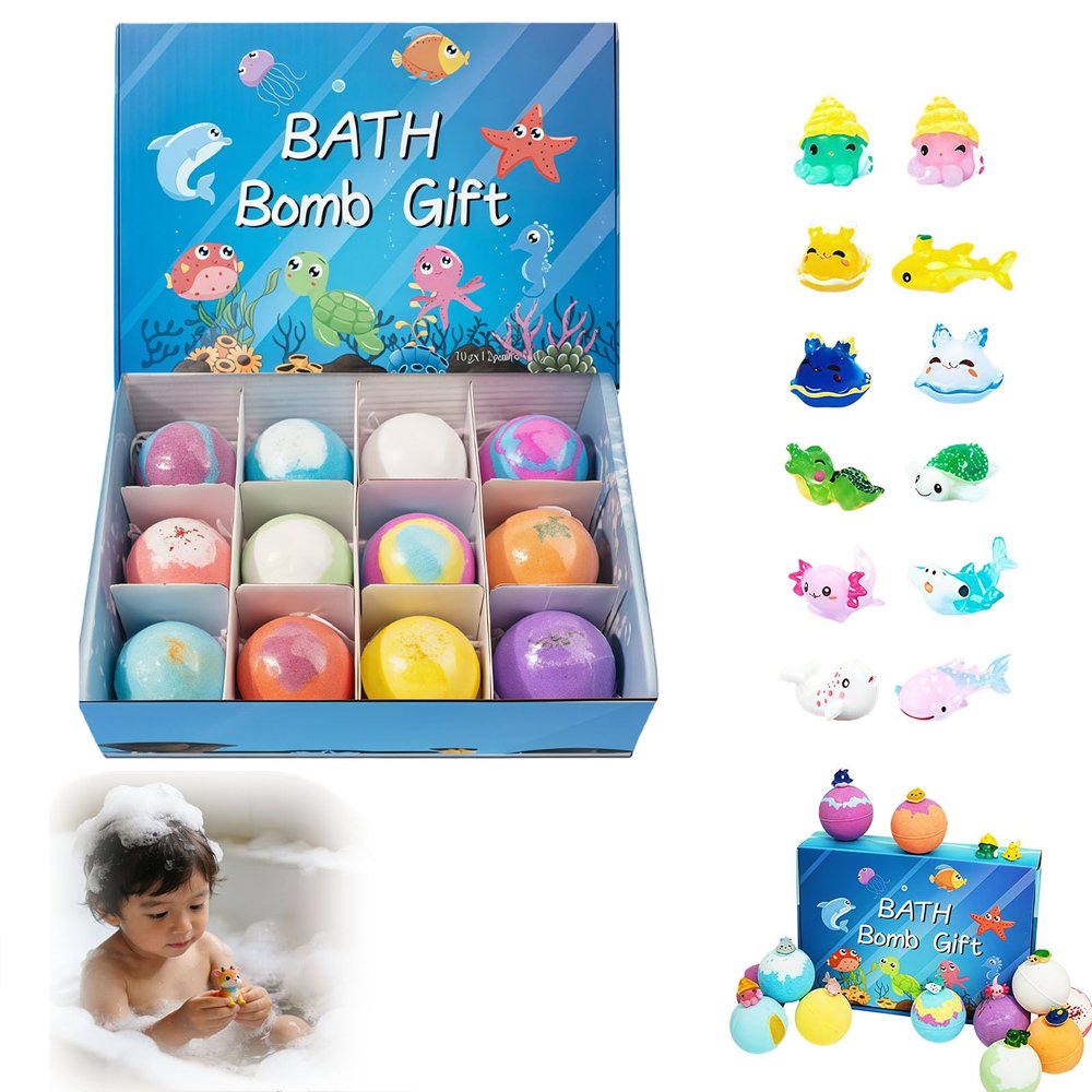 Bath Bombs for Kids with Toys Inside, 12 Pcs Kids Bath Bombs with Mega Bubbles & Surprise Ocean Toys Inside