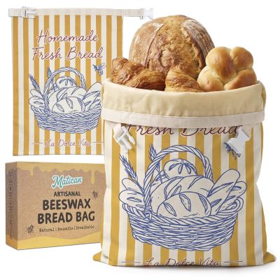 Beeswax Bread Bags for Homemade Bread & Sourdough, 2-Pack XL Eco-Friendly Natural Cotton Food Storage Bags, 12.6 x 16.9 Inches, Rustic Bakery Stipres