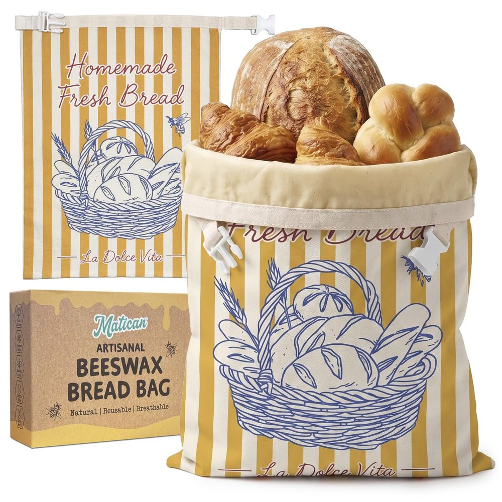 Beeswax Bread Bags for Homemade Bread & Sourdough, 2-Pack XL Eco-Friendly Natural Cotton Food Storage Bags, 12.6 x 16.9 Inches, Rustic Bakery Stipres