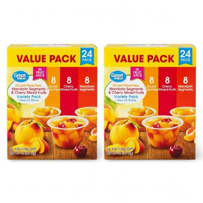 Great Value Fruit Cup Variety Pack, Diced Peaches, Mandarin Segments & Cherry Mixed Fruits in Fruit Juice, 4 oz, 24 Count (Pack of 2)