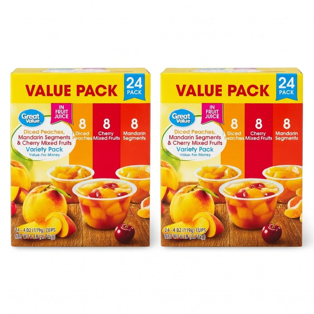 Great Value Fruit Cup Variety Pack, Diced Peaches, Mandarin Segments & Cherry Mixed Fruits in Fruit Juice, 4 oz, 24 Count (Pack of 2)