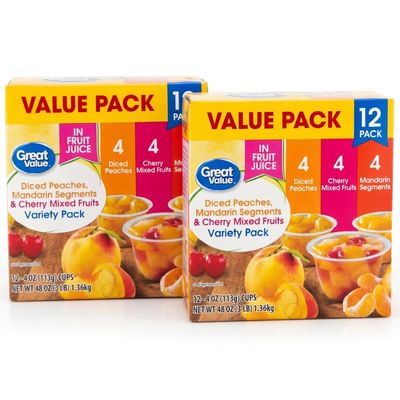 Great Value Fruit Cup Variety Pack, Diced Peaches, Mandarin Segments & Cherry Mixed Fruits in Fruit Juice, 4 oz, 24 Cups