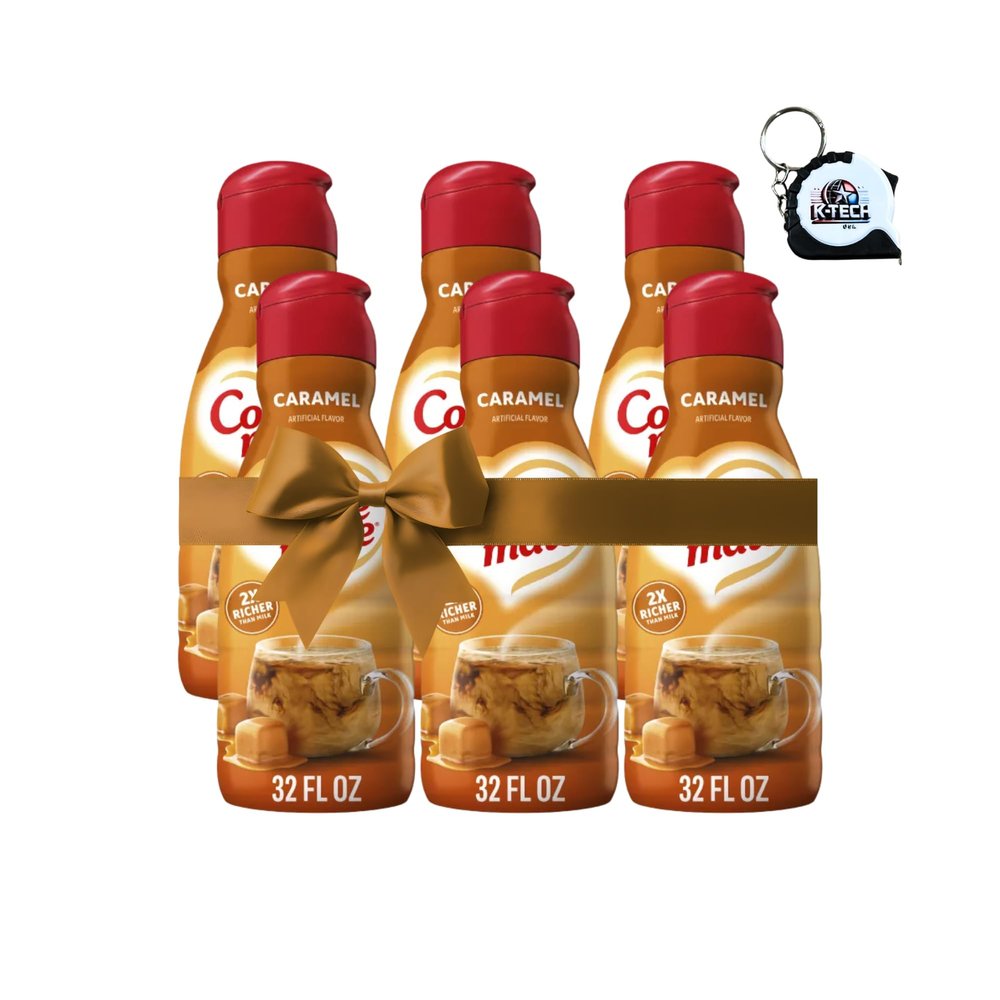 Caramel Liquid Coffee Creamer, Non Dairy Flavored Coffee Creamer, 32 fl oz Bottles (Pack of 6) for Hot and Iced Coffee with Measuring Tape