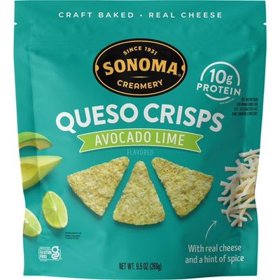 Avocado Lime Queso Crisps, 9.5 oz Zesty Lime Flavor Crunchy Baked Cheese Snacks Keto Friendly & Low Carb Gluten Free & High Protein Made with Real Cheese & Avocado
