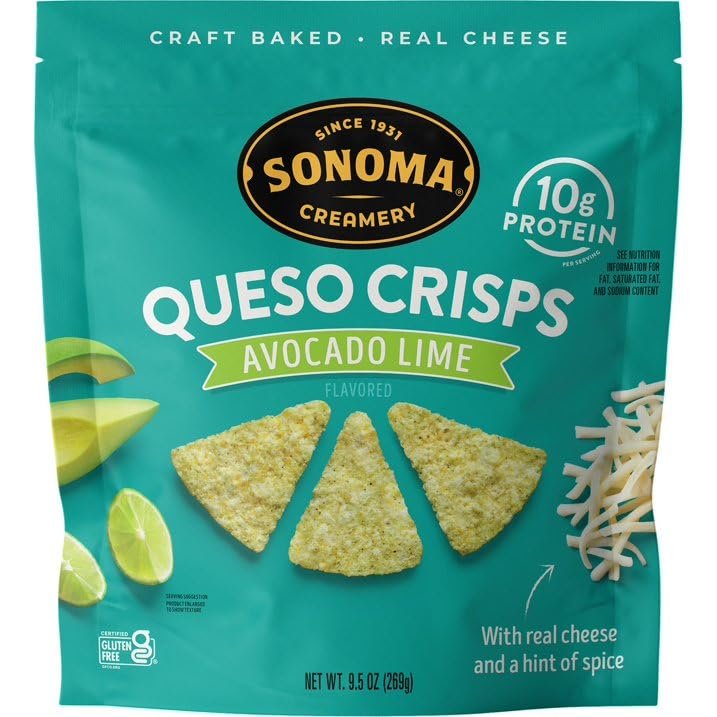 Avocado Lime Queso Crisps, 9.5 oz Zesty Lime Flavor Crunchy Baked Cheese Snacks Keto Friendly & Low Carb Gluten Free & High Protein Made with Real Cheese & Avocado