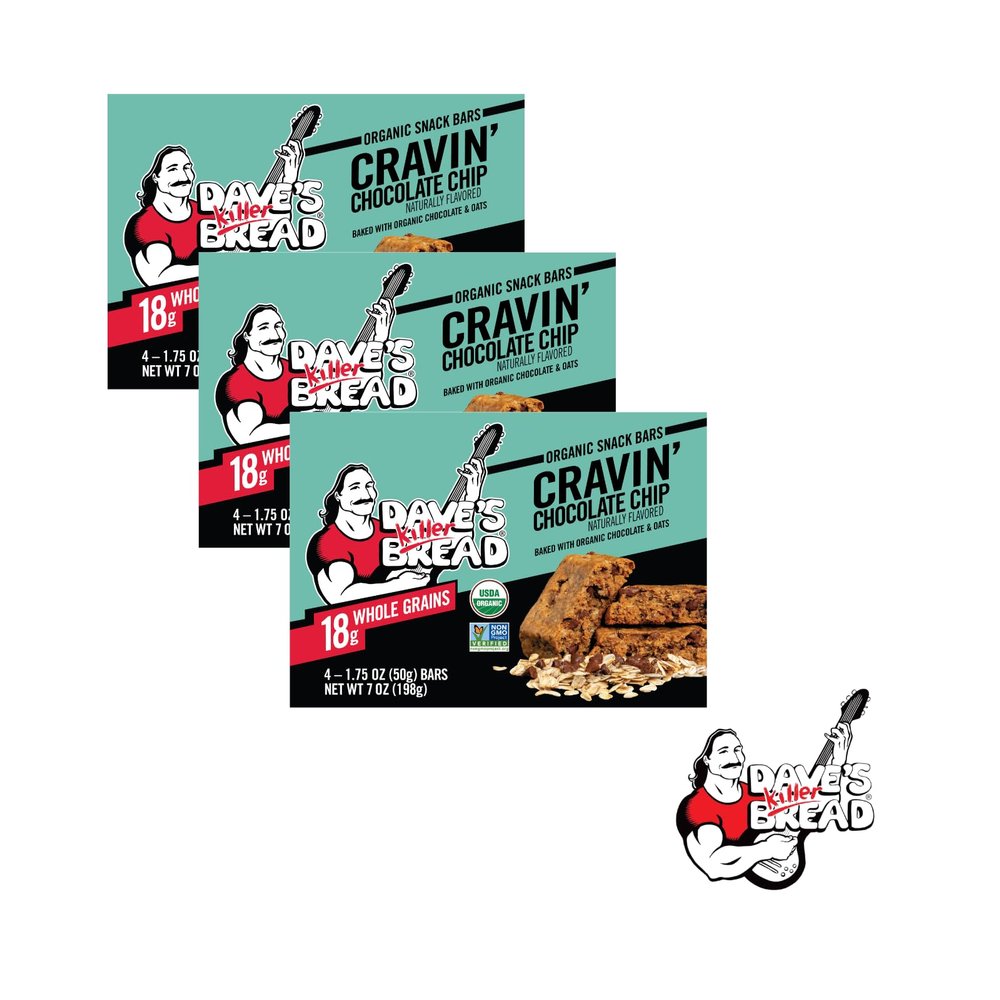 Dave's Killer Bread Cravin' Chocolate Chip Snack Bars, 4 CT with Branded Sticker (Pack of 3)