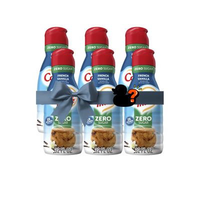 Zero Sugar French Vanilla Liquid Coffee Creamer, Non Dairy Flavored Coffee Creamer, 32 fl oz Bottles (Pack of 6) for Hot and Iced Coffee with Rubber Duck Toy