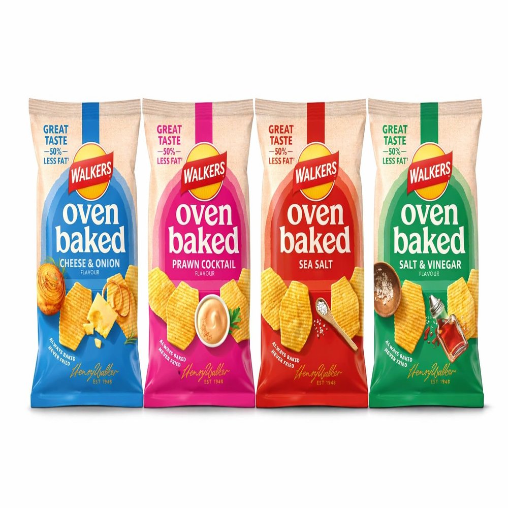 Baked Potato Chips Variety Pack 4 Pack Assorted Flavours (Includes Walkers Oven Baked: Cheese & Onion, Prawn Cocktail, Sea Salt & Salt & Vinegar) 50% Less Fat, Imported UK Snacks