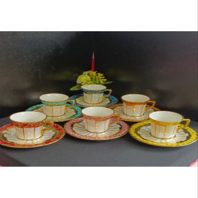 SODEF Porcelain Coffee Cup and Turkish Delight Set, Hand Painted, 6 Person, 12+ Pieces, Multicolor, Modern Design, 3 fl oz Capacity - Multicolor, One Size