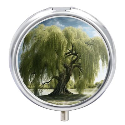 Willow Tree Pill Case with 3 Compartment Exquisite Travel Pill Organizer Portable Round Pill Box Mini Pill Container Metal Vitamin Medicine Container for Man&Women