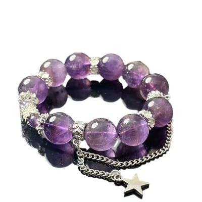 16MM Natural Brazilian Amethyst Beaded Bracelet for Men Women, Large Bead Purple Quartz Healing Crystal Bracelet, 925 Silver Plated Gourd Pendant Adjustable Jewelry, Lucky Feng Shui Gift for Her Him