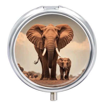 Elephants Pill Box 3 Compartment Round Metal Pill Organizer Portable Mini Travel Medicine Case with Mirror Cute Medicine Container Holder for Pocket Purse