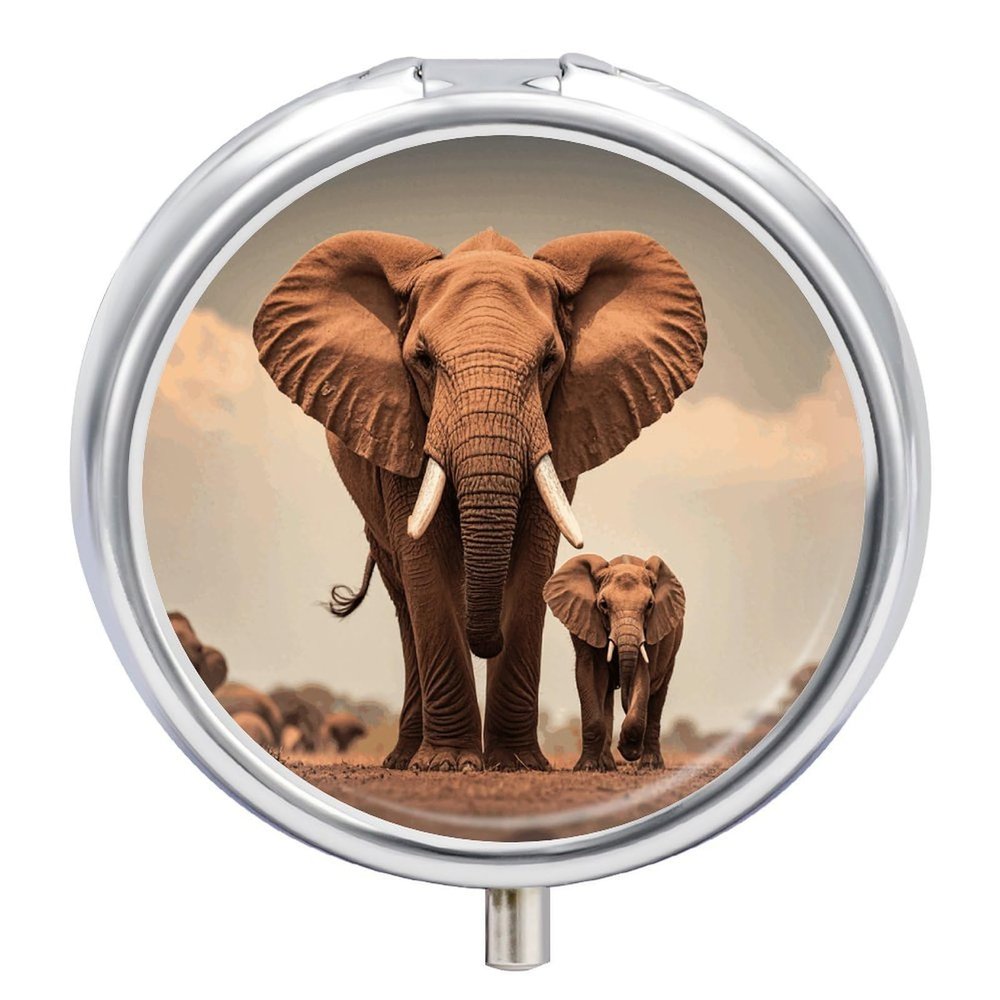 Elephants Pill Box 3 Compartment Round Metal Pill Organizer Portable Mini Travel Medicine Case with Mirror Cute Medicine Container Holder for Pocket Purse