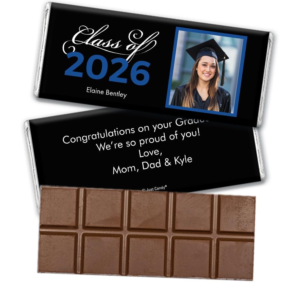 36 Pack Personalized Graduation Class of 2026 Belgian Milk Chocolate Candy Bar Party Favors For Senior Gifts, Table Decoration, Dessert Tables & More - Blue