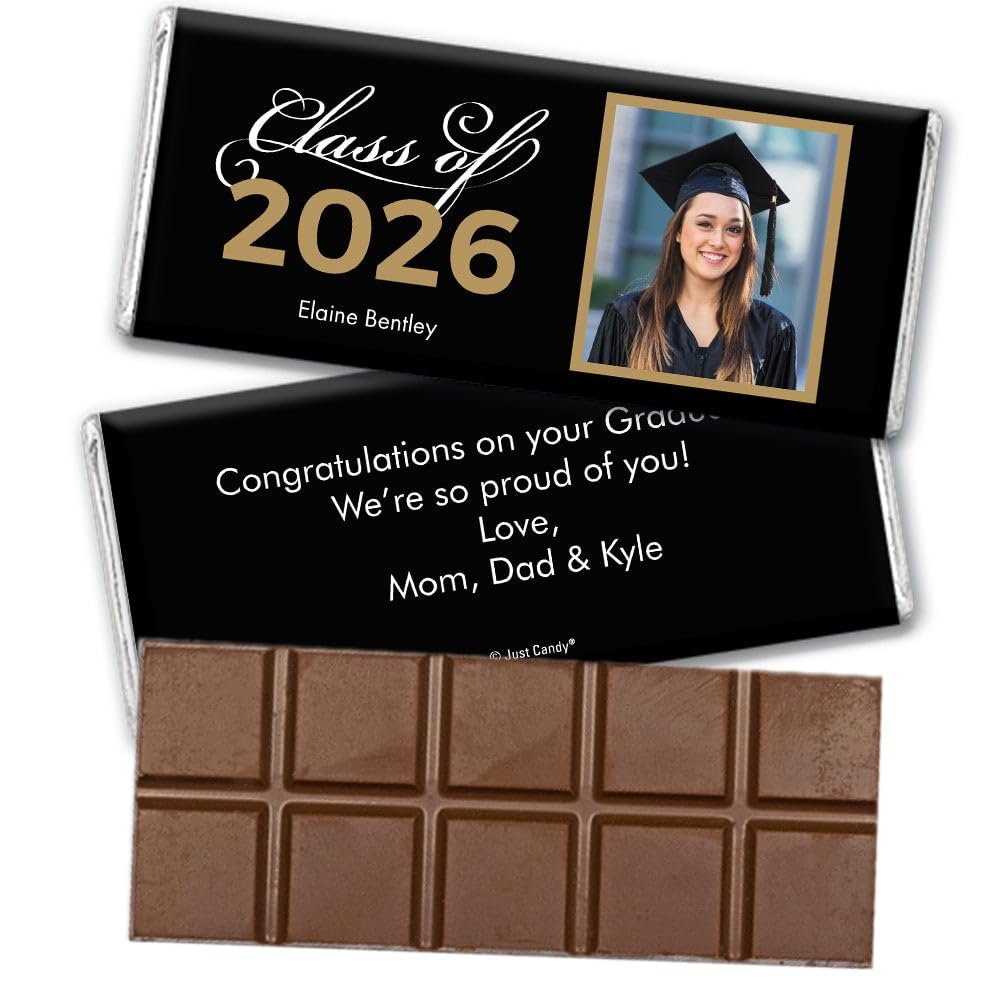 36 Pack Personalized Graduation Class of 2026 Belgian Milk Chocolate Candy Bar Party Favors For Senior Gifts, Table Decoration, Dessert Tables & More - Gold