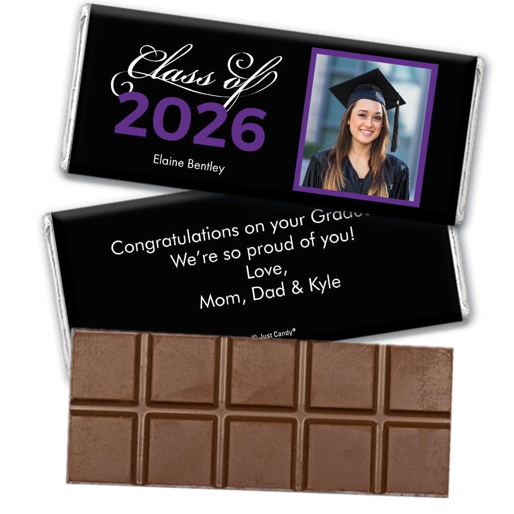 36 Pack Personalized Graduation Class of 2026 Belgian Milk Chocolate Candy Bar Party Favors For Senior Gifts, Table Decoration, Dessert Tables & More - Purple