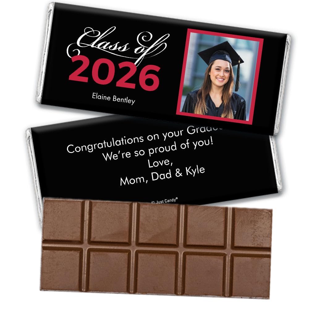 12 Pack Personalized Graduation Class of 2026 Belgian Milk Chocolate Candy Bar Party Favors For Senior Gifts, Table Decoration, Dessert Tables & More - Red